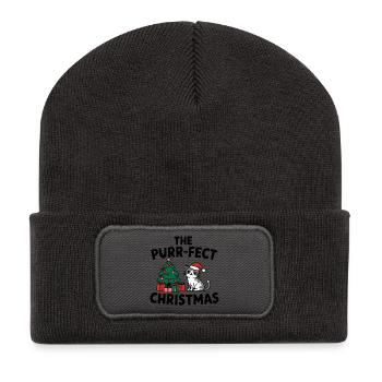 Festliche Katze mit Weihnachtsbaum - Recycelte Patch Beanie - Dunkelgrau - Vorne