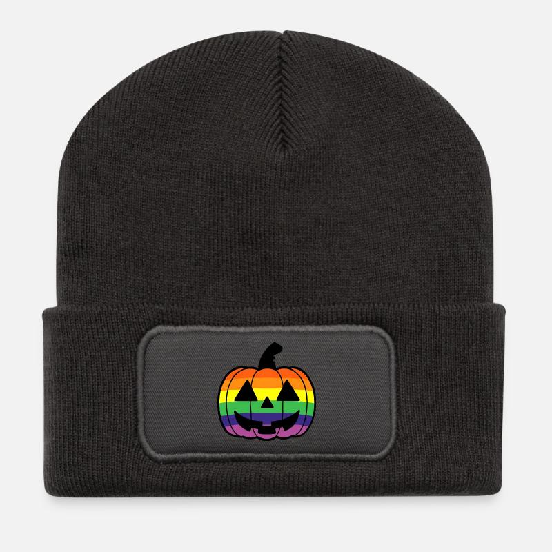 Kürbis Cartoon mit Regenbogen Pride Flagge Farben - Recycelte Patch Beanie - Dunkelgrau