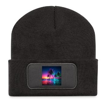 Neon Palmen Strand Nacht - Recycelte Patch Beanie - Dunkelgrau - Vorne