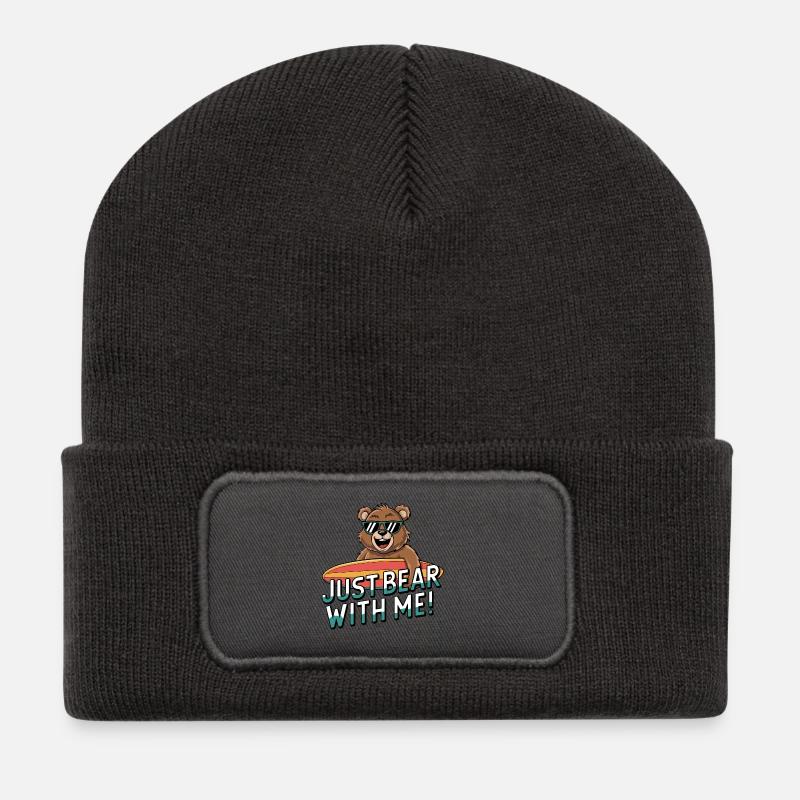 Just Bear With Me - Surfing Bear Fun - Recycled Patch Beanie - dark grey