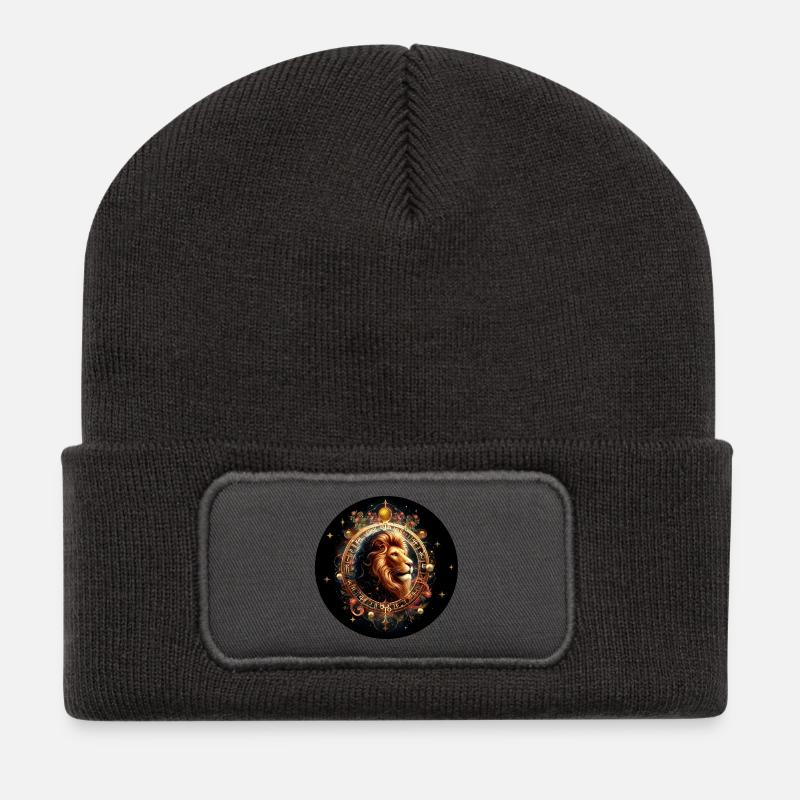 Löwe im Sternkreis - Sternzeichen Löwe - Recycelte Patch Beanie - Dunkelgrau