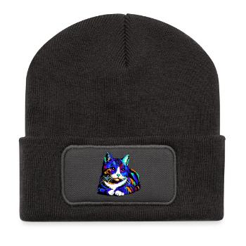 Katze - Recycelte Patch Beanie - Dunkelgrau - Vorne