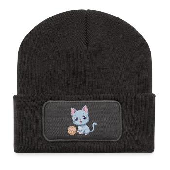 Verspieltes blaues Kätzchen mit Wollknäuel - Recycelte Patch Beanie - Dunkelgrau - Vorne