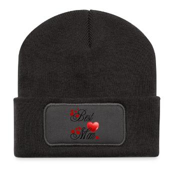 Best Mom, Calligraphy with Red Hearts - Recycled Patch Beanie - dark grey - Front