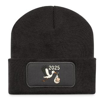 Storch mit Findelkind im Schnabel 2025 - Recycelte Patch Beanie - Dunkelgrau - Vorne