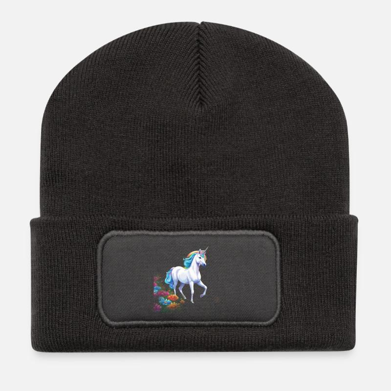 Anmutiges Einhorn mit Regenbogenmähne im Blütenmee - Recycelte Patch Beanie - Dunkelgrau