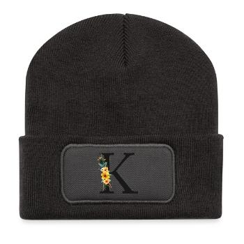 K Monogram, Floral, Personalizable - Recycled Patch Beanie - dark grey - Front