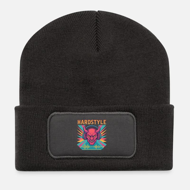 Hardstyle Dämon Design - Recycelte Patch Beanie - Dunkelgrau