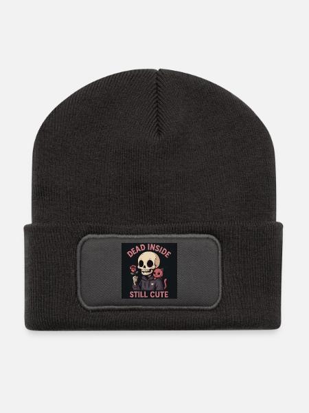 Skull with cat and rose motif - Recycled Patch Beanie - dark grey
