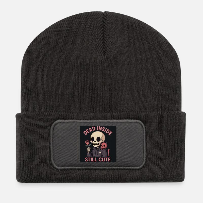 Totenkopf mit Katze und Rose Motiv - Recycelte Patch Beanie - Dunkelgrau