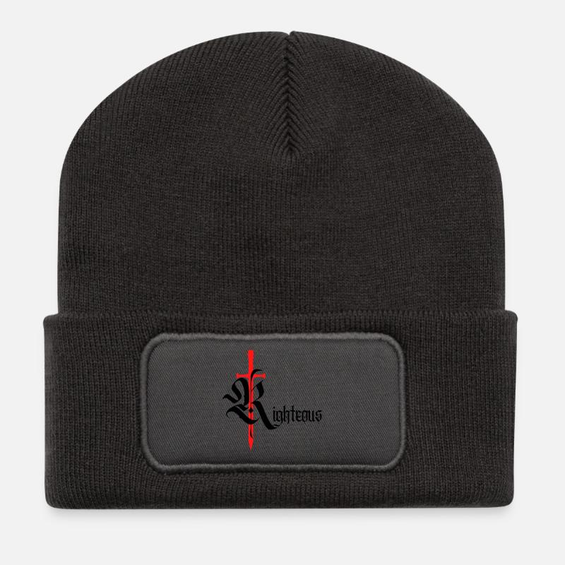 Gothic Righteous Design mit Schwert mit schwarzem Text - Recycelte Patch Beanie - Dunkelgrau