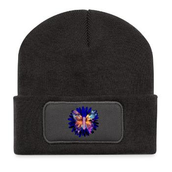 Galaxy Wings – Schmetterling auf kosmischer Blüte - Recycelte Patch Beanie - Dunkelgrau - Vorne