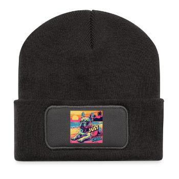 Soothing dog on the beach with Just Chill written on it - Recycled Patch Beanie - dark grey - Front