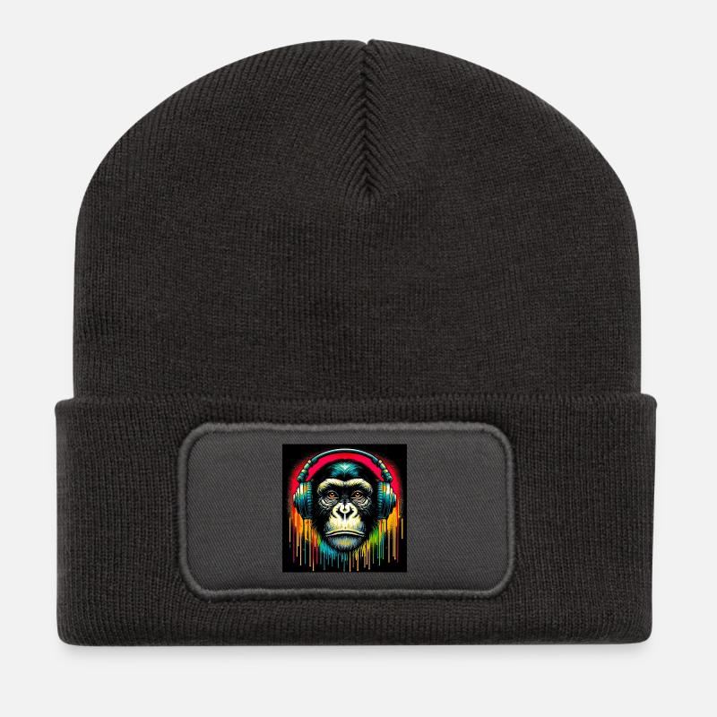 Schimpansen-Affe - Recycelte Patch Beanie - Dunkelgrau