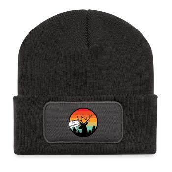 Hirsch mit Sonnenuntergangshintergrund im Retro-Stil - Recycelte Patch Beanie - Dunkelgrau - Vorne