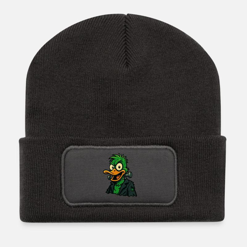Frankenquack – Verrückte Halloween-Ente - Recycelte Patch Beanie - Dunkelgrau