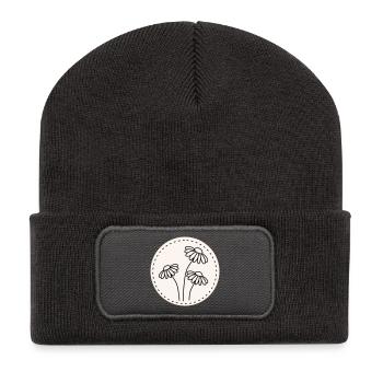 Daisy Line Art – Floral Motif Circle - Recycled Patch Beanie - dark grey - Front
