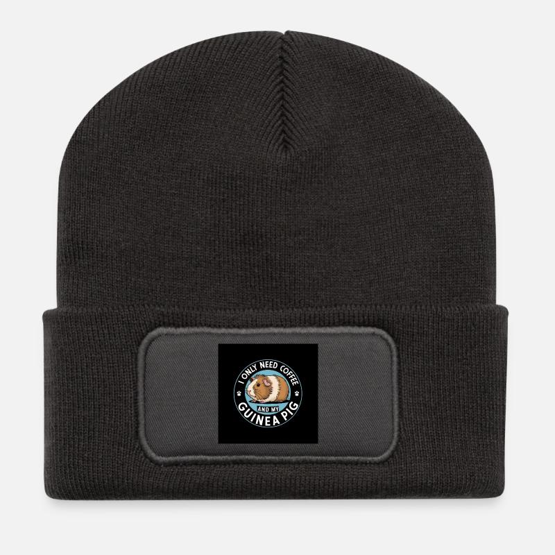 Meerschweinchen und Kaffeespruch - Recycelte Patch Beanie - Dunkelgrau