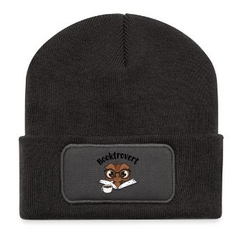 Hibou Booktrovert avec livre et café - Beanie recyclé à patch - charbon - Devant
