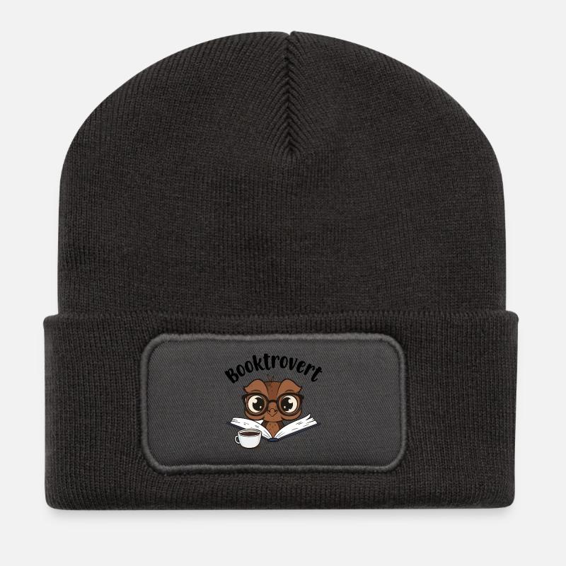 Booktrovert Eule mit Buch und Kaffee - Recycelte Patch Beanie - Dunkelgrau