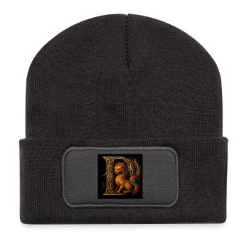 D - Magisches Ornament mit katzenartigem Wesen - Recycelte Patch Beanie - Dunkelgrau - Vorne