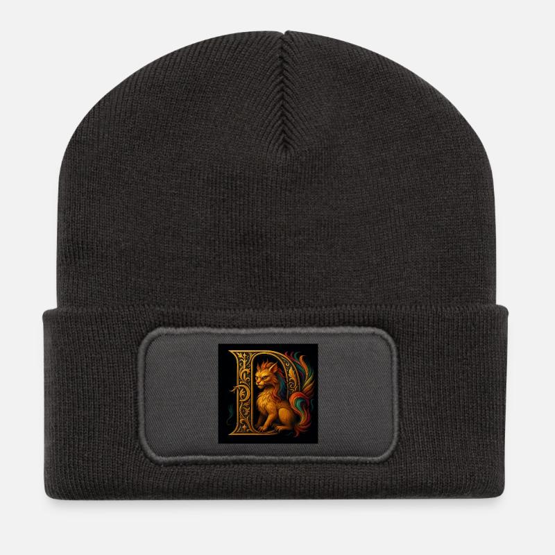 D - Magisches Ornament mit katzenartigem Wesen - Recycelte Patch Beanie - Dunkelgrau