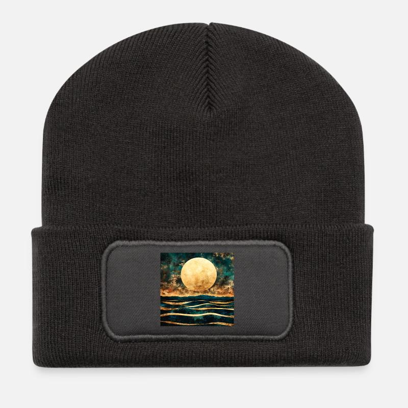 Golden Moon on Watercolor Horizon - Recycled Patch Beanie - dark grey