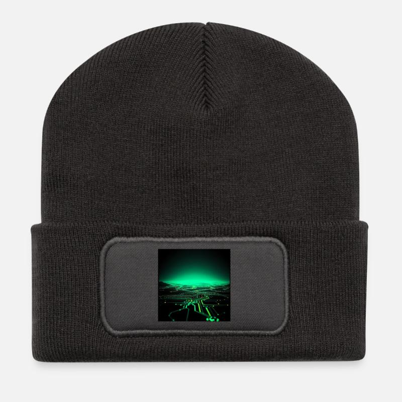 Neon Tech Stadtsilhouette - Recycelte Patch Beanie - Dunkelgrau