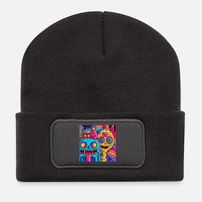 Bunte psychedelische Fantasiewesen - Recycelte Patch Beanie - Dunkelgrau