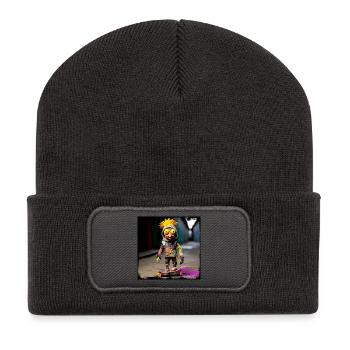 Künstlerischer Straßenkunst-Punk Charakter Comic  - Recycelte Patch Beanie - Dunkelgrau - Vorne