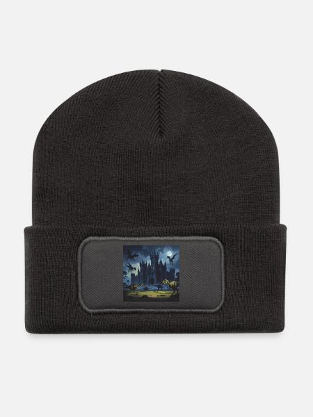 Dinosaurier gegen mittelalterliche Burg bei Vollm - Recycelte Patch Beanie - Dunkelgrau