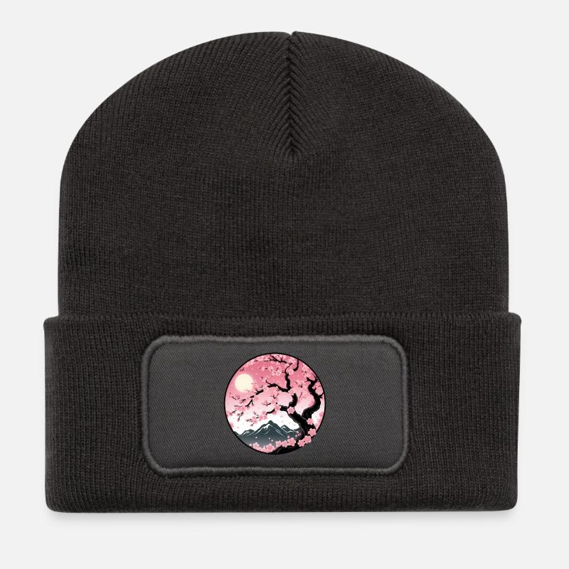 Cherry Blossom Mountain Landscape - Recycled Patch Beanie - dark grey