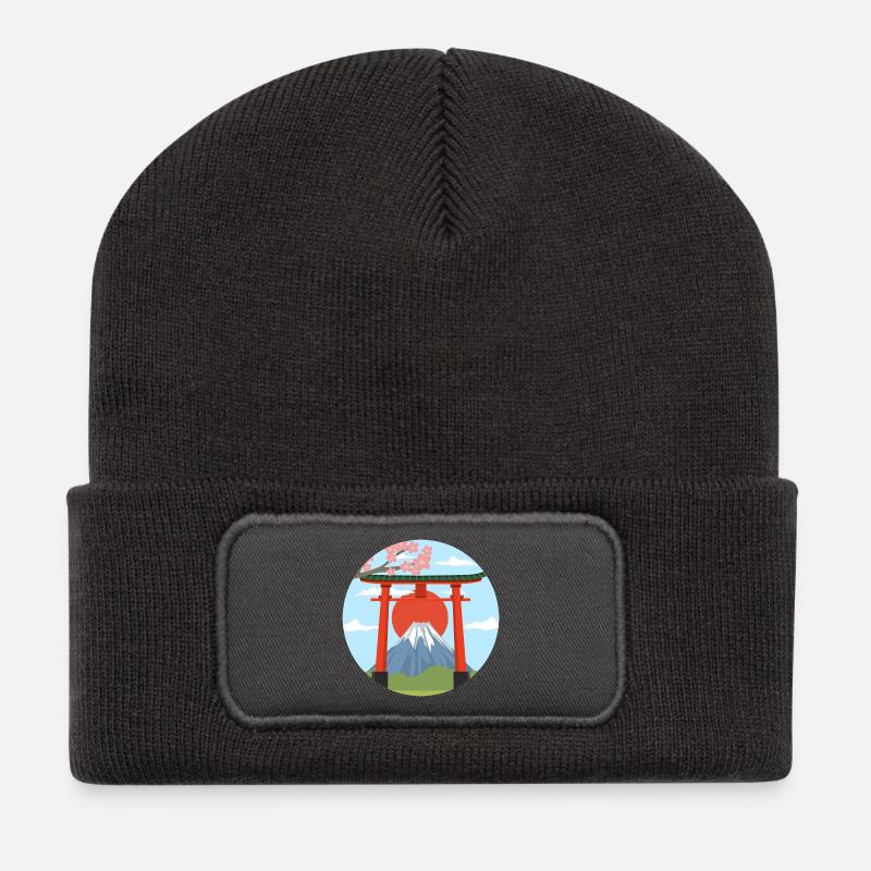 Mount Fuji und Torii Drucken - Recycelte Patch Beanie - Dunkelgrau