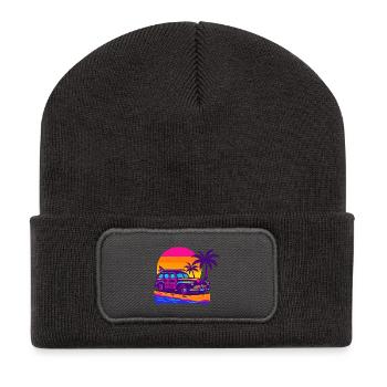 Escapade rétro néon sur la plage avec planche de surf Surf Woody - Beanie recyclé à patch - charbon - Devant