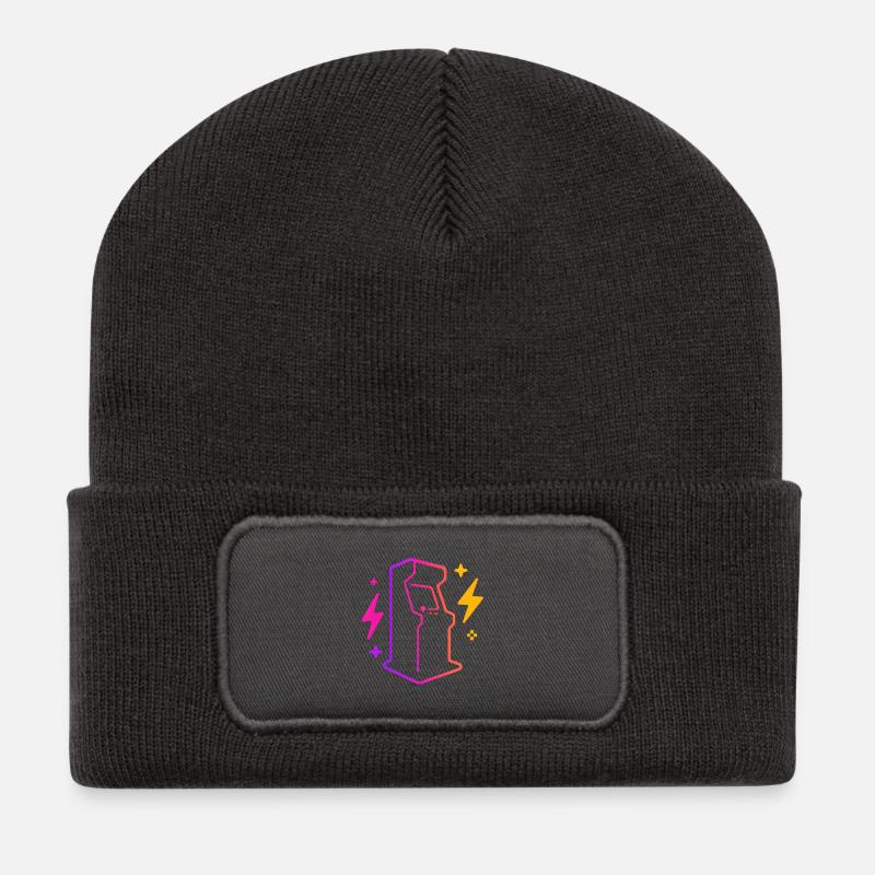 Retro Neon Arcade Game Outline - Recycled Patch Beanie - dark grey