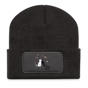 Verspielte Katzen mit Herzen und Blumen - Recycelte Patch Beanie - Dunkelgrau - Vorne