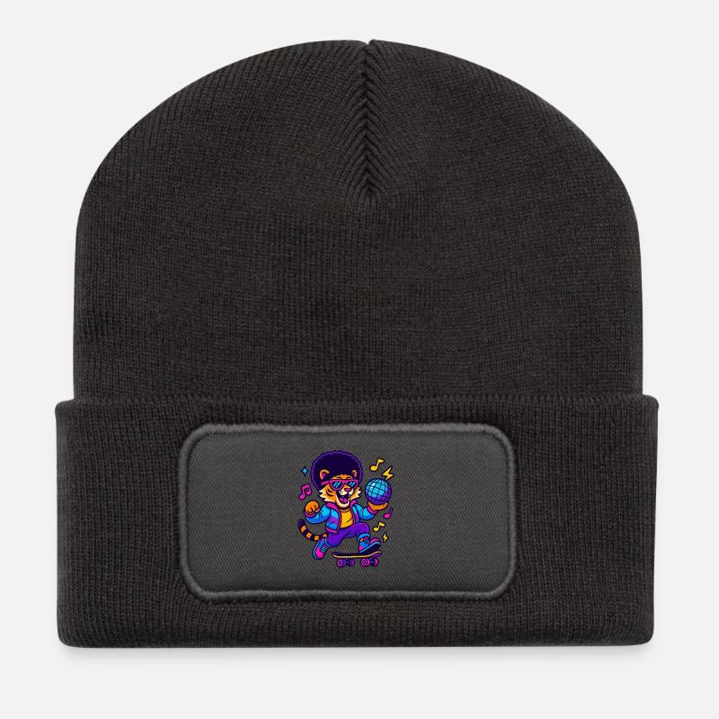 Lion DJ au design rétro - Beanie recyclé à patch - charbon