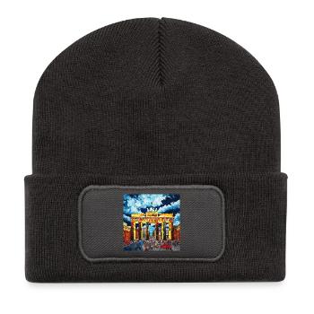 Horizon urbain Berlin Porte de Brandebourg Oeuvre d’art - Beanie recyclé à patch - charbon - Devant