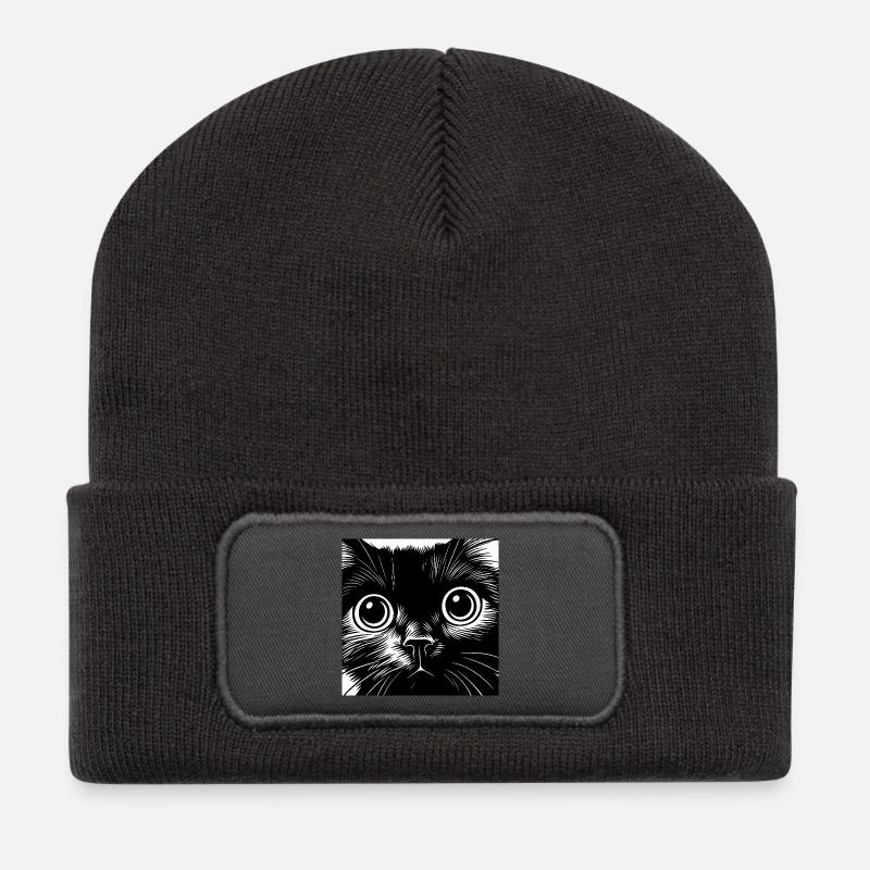 Schwarzweiß Katzenporträt Große Augen - Recycelte Patch Beanie - Dunkelgrau