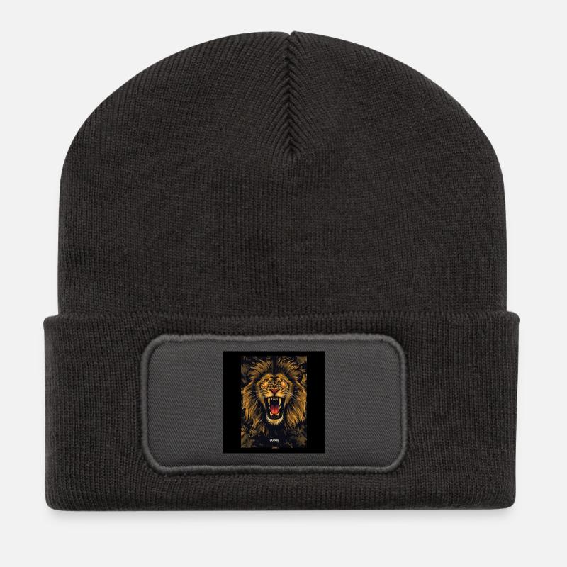 Conception d’affiche du lion doré rugissant - Beanie recyclé à patch - charbon
