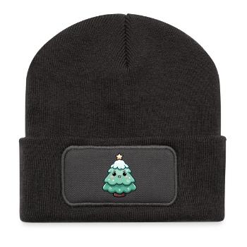 Sapin de Noël étoilé kawaii - Beanie recyclé à patch - charbon - Devant