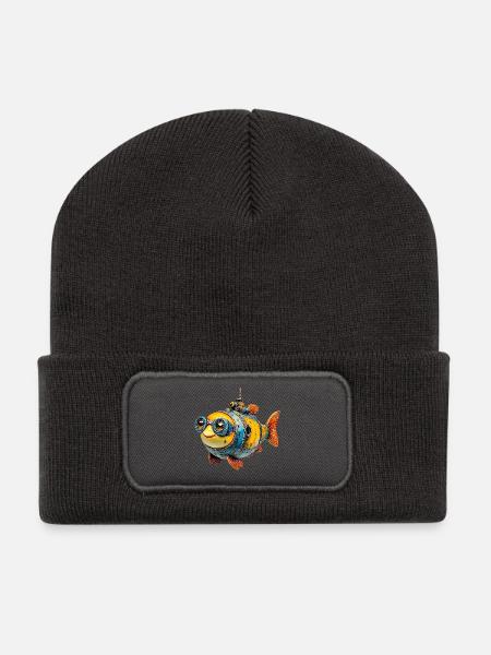Steampunkfisch mit Brille - Recycelte Patch Beanie - Dunkelgrau