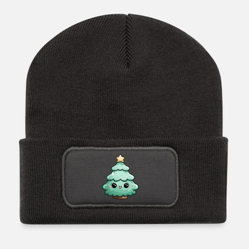 Niedlicher Cartoon Weihnachtsbaum mit Stern - Recycelte Patch Beanie - Dunkelgrau