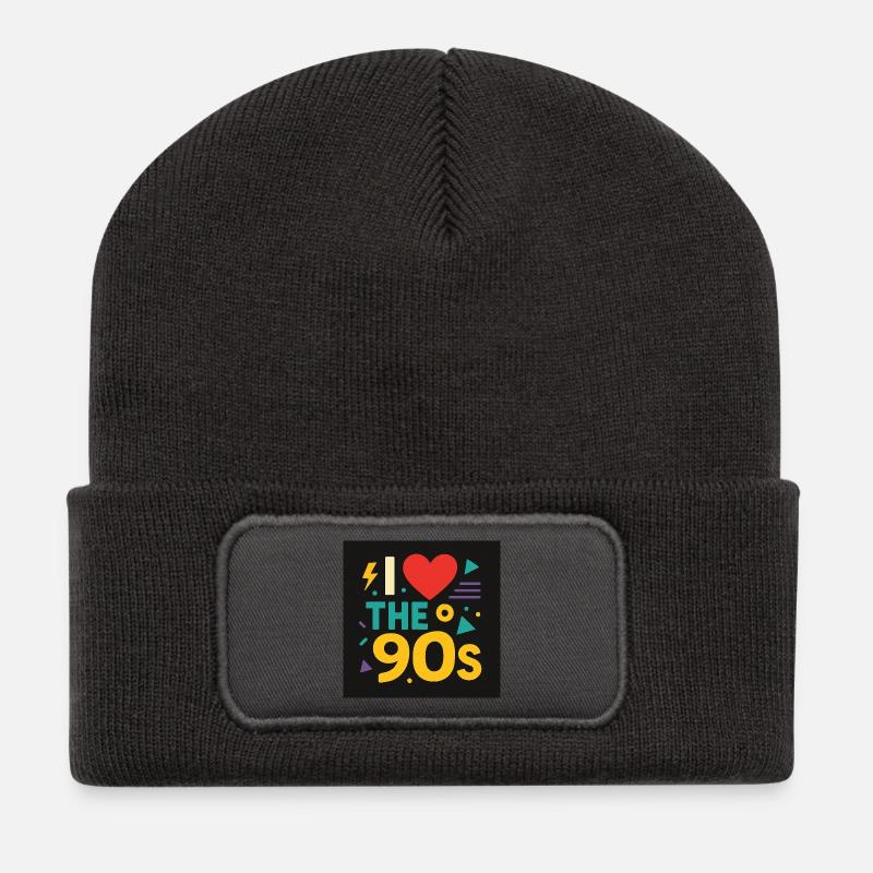 I Love The 90s Neon Retro - Recycled Patch Beanie - dark grey