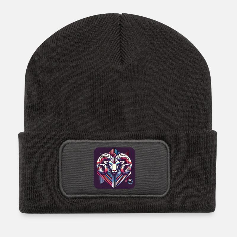 Neon Widder Ram Geometrische Linienkunst - Recycelte Patch Beanie - Dunkelgrau