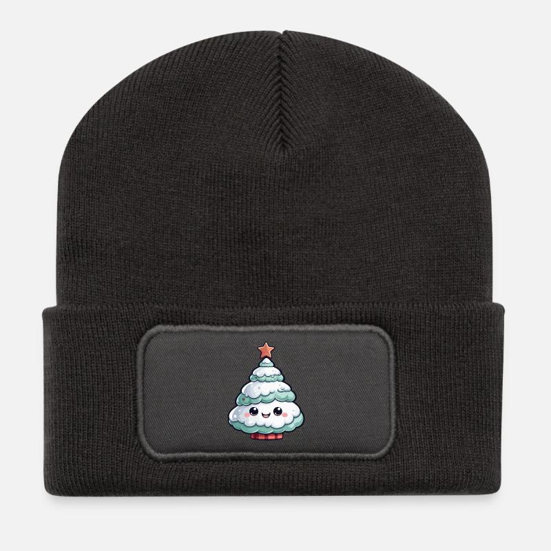 Pastellfarbener schneebedeckter Baum Stern - Recycelte Patch Beanie - Dunkelgrau