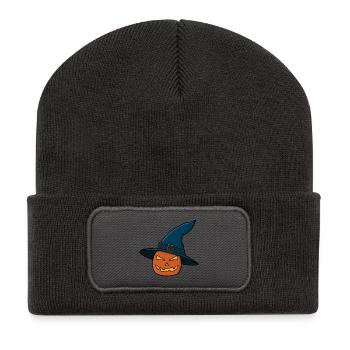 Hexenhut Kürbis Jack O Laterne - Recycelte Patch Beanie - Dunkelgrau - Vorne