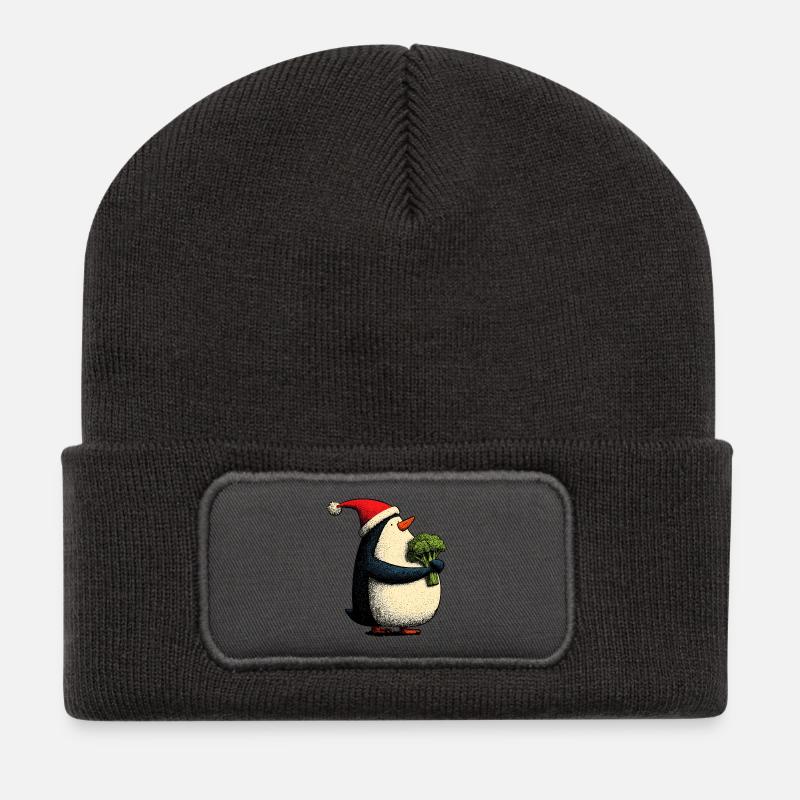 Pingouin de Noël drôle avec brocoli - Beanie recyclé à patch - charbon
