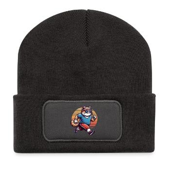 Sportliche Katze joggen Retro Sonnenuntergang  - Recycelte Patch Beanie - Dunkelgrau - Vorne