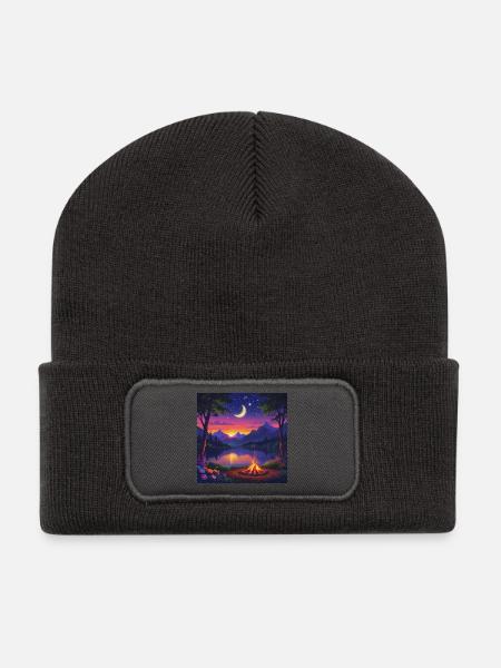 Mondnacht am Bergsee Lagerfeuer - Recycelte Patch Beanie - Dunkelgrau